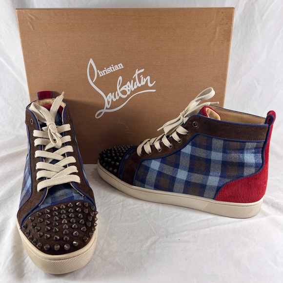 CHRISTIAN LOUBOUTIN Multicolor Blue Spikes Flat Crosta High Top Sneakers 43-10US - Picture 1 of 17
